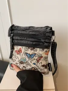 Simple Denim Fabric Butterfly Print Shoulder Small Square Bag, Multi-Pocket Elegant Crossbody Phone Bag, Stylish Daily Use Accessory, Crossbody Messenger Bag, Denim Shoulder Purse, Casual Crossbody Bags