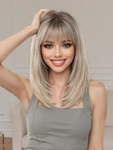 14 Inch Lightweight Synthetic Wig with Bangs, Heat Resistant Straight Hair, Platinum Color, Perfect for Daily Wear & Halloween