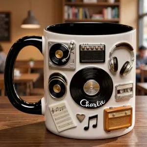 Personalized Music Mug, 3D Effect Ceramic Coffee Mug with Custom Name, Retro Vinyl Record and Cassette Tape Mug for DJs Audiophiles and Music Lovers, Vintage Headphone Studio Decor Cup, Perfect Birthday Christmas Gift Idea