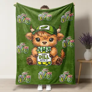 Highland Cow Soft Throw Blanket - "Just Dill With It" - Funny Pickle Pun Warm Plush Fleece Blanket - Cute Fluffy Cow Decor Gift for Women, Teens & Pickle Lovers
