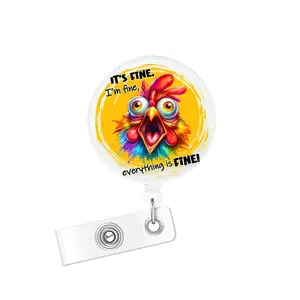 It's Fine Cute Chicken Badge Reel, Expandable Clip with ID Holder, Nurse Work Accessories, Fun Rn Flashing Badge Reel with Belt Clip, Retractable Badge Reel
