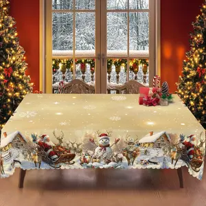 PLUMLIK Golden Christmas Tablecloth with Santa Claus Christmas Snow Scenery Patterns, Christmas Decor 2025, Christmas Party Decoration for Home Indoor Outdoor, Round Rectangular Table Cloth, Holiday Festive Kitchen New Year Decor, Christmas Gifts
