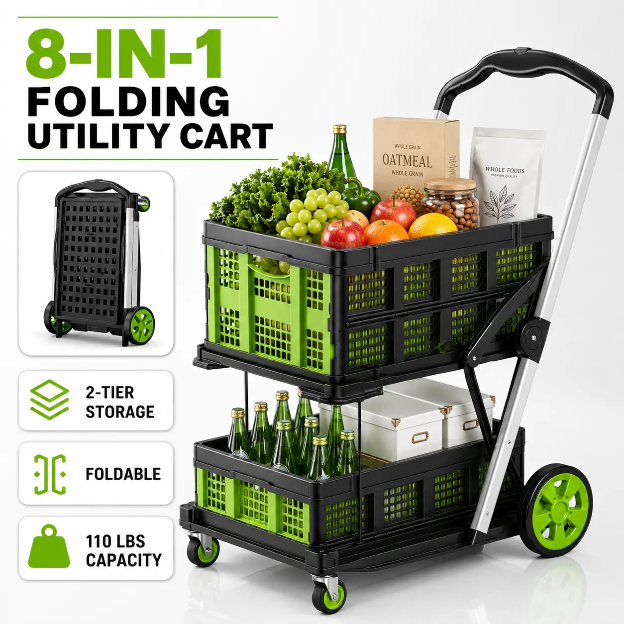 Luxury Style Foldable Shopping Cart with Wheels, Lightweight Plastic Rolling Basket for Groceries, Laundry, Camping, Travel and Home Storage, Portable Pull Cart for Daily Use