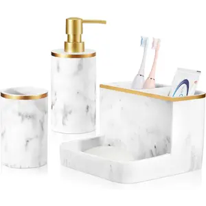 Bathroom Accessories Set, Marble Look  Holder and Soap Dispenser Set, Bathroom Countertop Decor Sets with Lotion Dispenser Soap Pump, Tumbler, Bathroom Organizer Accessories