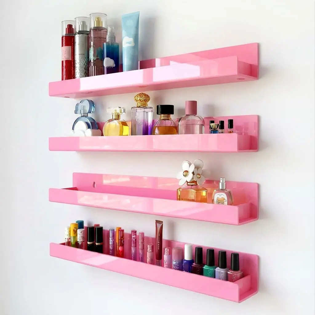4-Pack 15"x2"x2.3" Modern Polished Synthetic Wall-Mount Floating Shelves, Home Decor Organizer Shelf Racks for Books, Sunglasses, Essential Oils