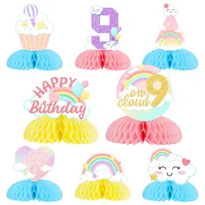 8Pcs Cloud 9th Birthday Table Decorations for Girls Rainbow Happy Birthday Honeycomb Centerpieces for 9 Year Old Party  Colorful Cloud 9 3D Table Toppers