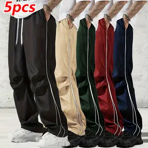 Outdoor Streetwear Men's Pants Set, Straight Leg Casual Trousers with Color Block Side Stripes, Elastic Drawstring Waist & Pockets, All-Season Daily & Outdoor Wear