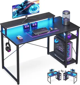 40 Inch Gaming Desk with Storage, LED Lights, Shelf & Monitor Stand in Carbon Fiber Black
