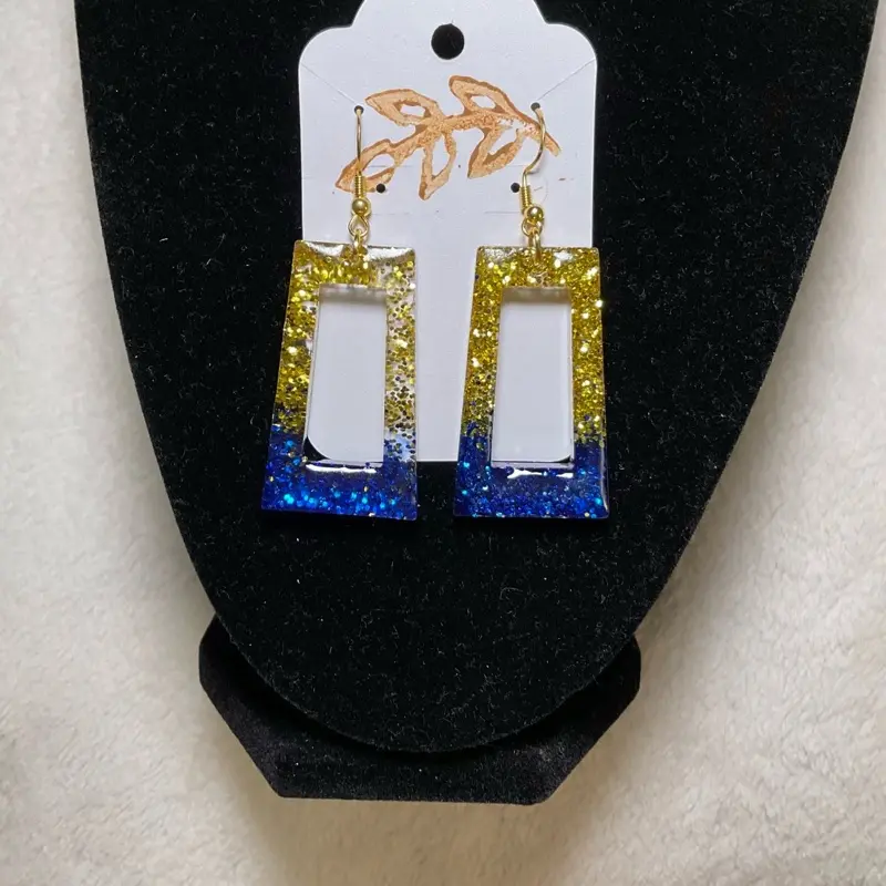 Blue and Gold Glitter Dangle Earrings for Women, Fashion Statement Jewelry for Parties, Weddings, or Football Games!