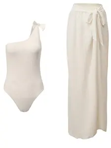 Women's Solid Color Ribbed One-piece Swimsuit & Cover Up Skirt Set, Casual Fashion Swimwear Set for Beach Holiday Vacation, Ladies Swimsuit for All Seasons, Swimsuit Tie Bathing