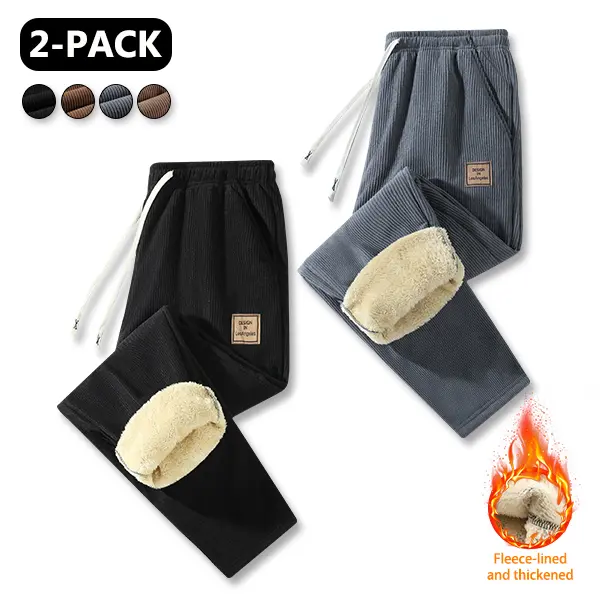 Men’s fleece-lined corduroy joggers with thick lambswool lining for warmth, elastic drawstring waist, casual straight-leg winter long pants