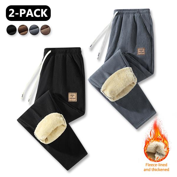 Men’s fleece-lined corduroy joggers with thick lambswool lining for warmth, elastic drawstring waist, casual straight-leg winter long pants
