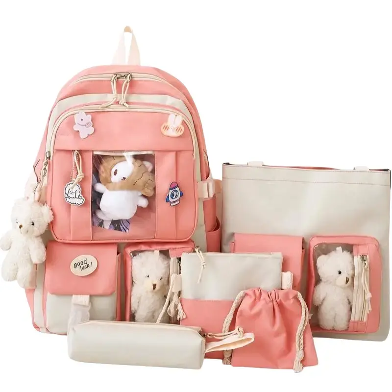 Backpack 5pcs Set 17in Aesthetic sports bag with Cute Backpack, Shoulder Bag, Pencil Box, Tote Bag, Small Bag (Pink backpack) 31.88