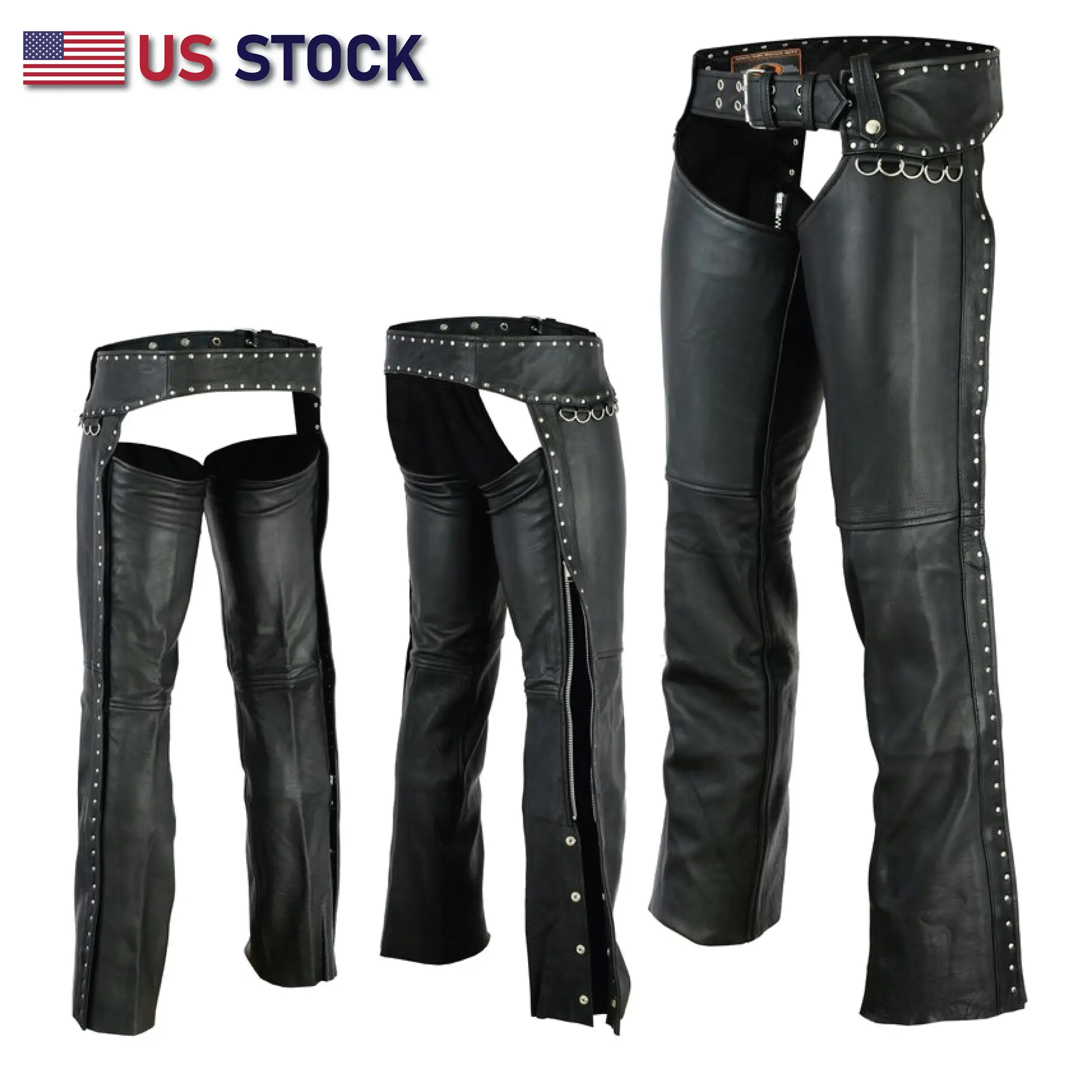 Women's Low-Rise Studded Elegant Motorcycle Leather Chaps, HL12801STUD Biker Bottoms for Ladies