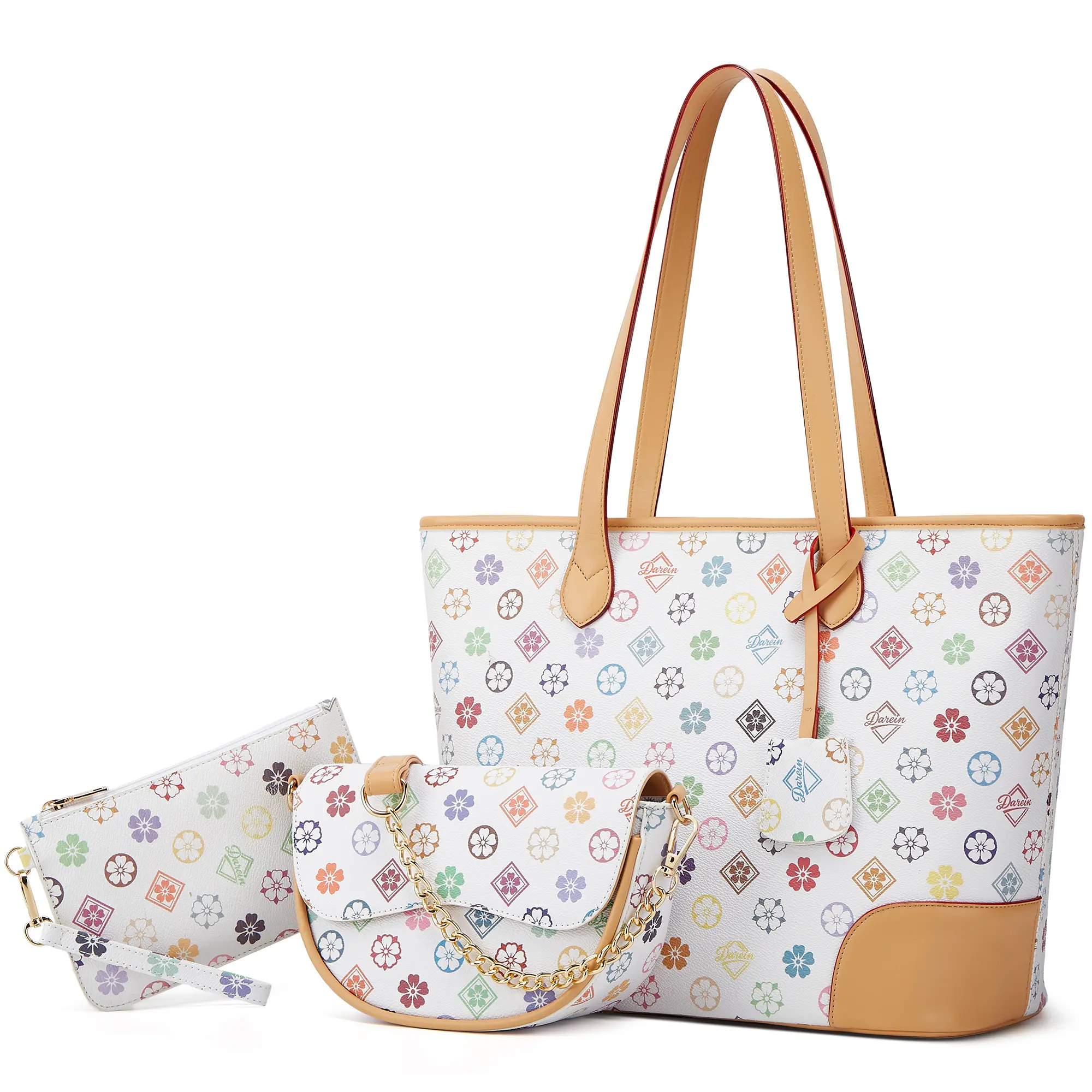Women's Lightweight Leather Multi-Functional Floral Bag - 3-Piece Set with Compartments, Shoulder Handbag for Travel, Work, Multi Functional Bag summerwins