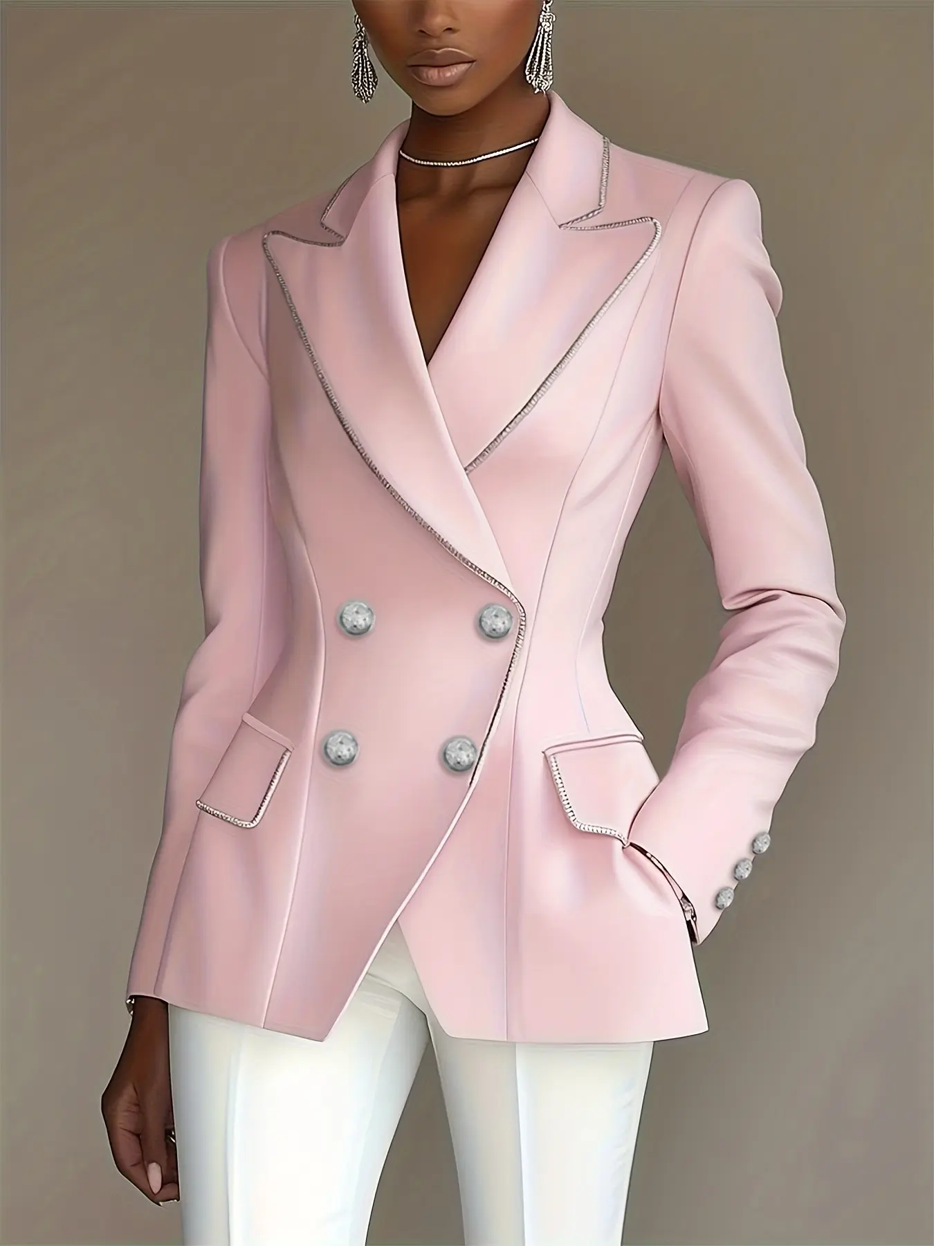 Women's Spring Summer New Style Soft Chic Blazer Jacket Suits, Long Sleeve, Two-Button Design, Silver Color Trim, Elegant Office Wear, Fashionable Outerwear
