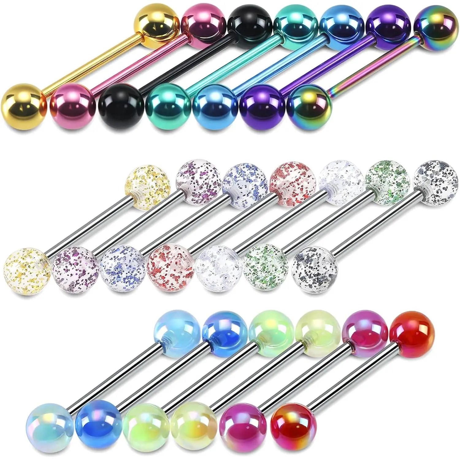 Unisex 20-Piece 14 Gauge Wearable Body Jewelry Set, Hypoallergenic Stainless Steel Barbells, Flexible Acrylic Glow-in-the-Dark Retainers, 16mm (5/8") Tongue Rings for Everyday Wear