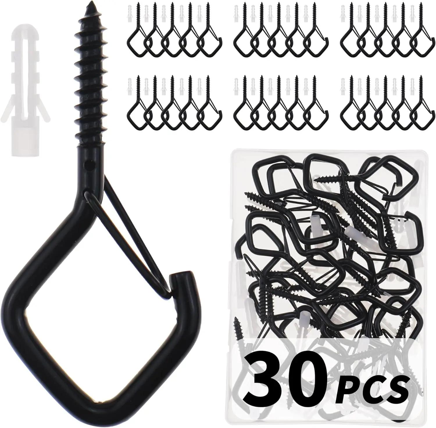 30 PCS Black Cup Screw-in Hanger Hooks with Safety Buckle, Plastic Tubes & Light Windproof Fasteners, 2.2x1 in High-Quality Ceiling & Wall Mount Hooks for Christmas Decorations, Festivals