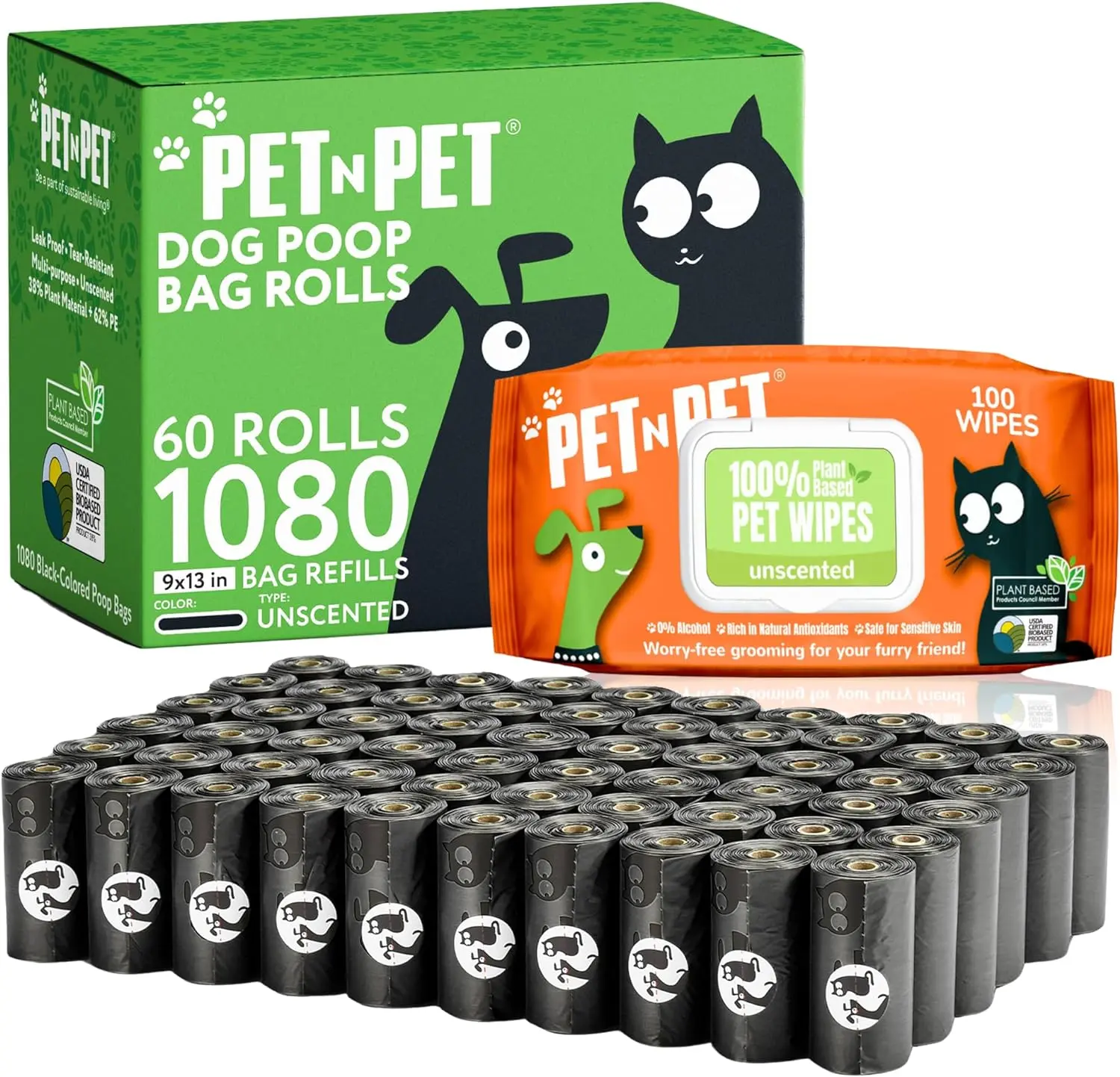 PET N PET Dog Poop Bags USDA Certified 41% Biobased, 1080 Ct + 100% Plant-Based Dog Wipes, 100 Ct, 8" x 8", Hypoallergenic & Unscented