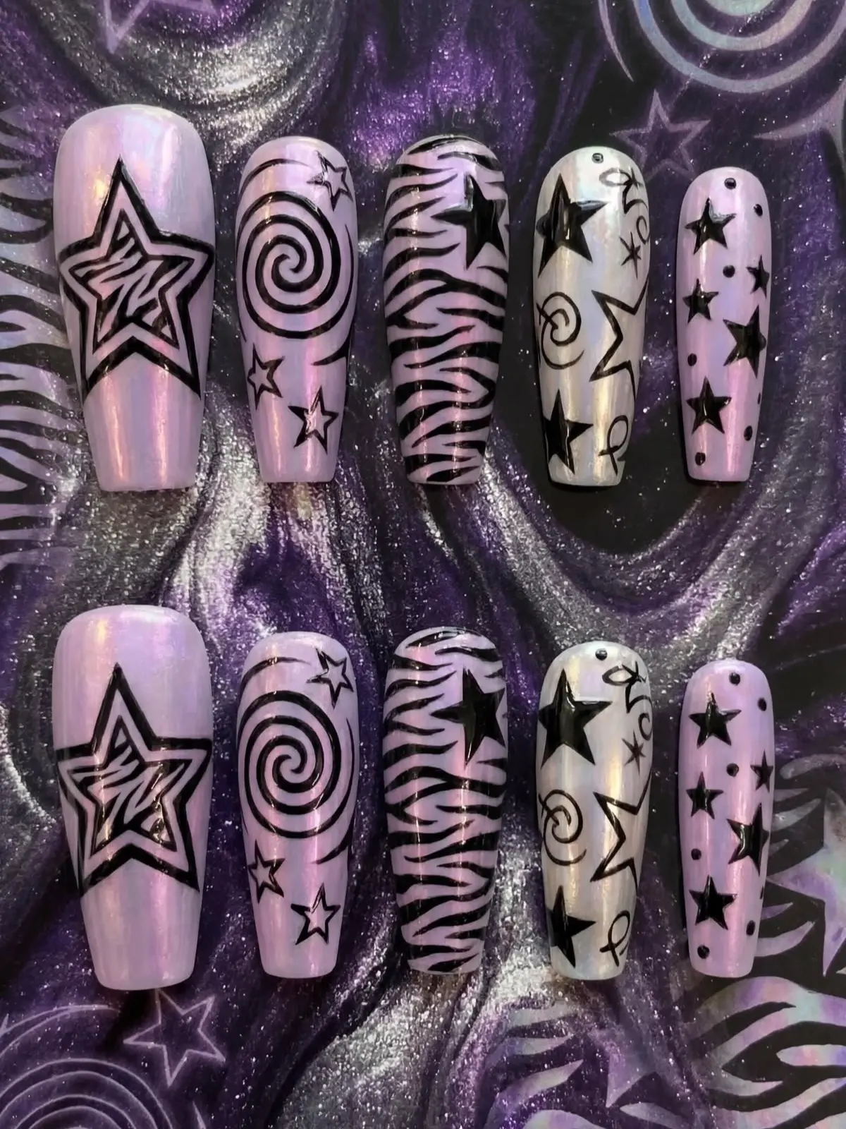 Y2K Purple Chrome Press On Nails, Lilac Black Star Zebra Swirl Constellation Design, Long Coffin Acrylic Nails, Trendy 2000s Aesthetic| FREE Adhesive Tabs  Nail File Cuticle Stick