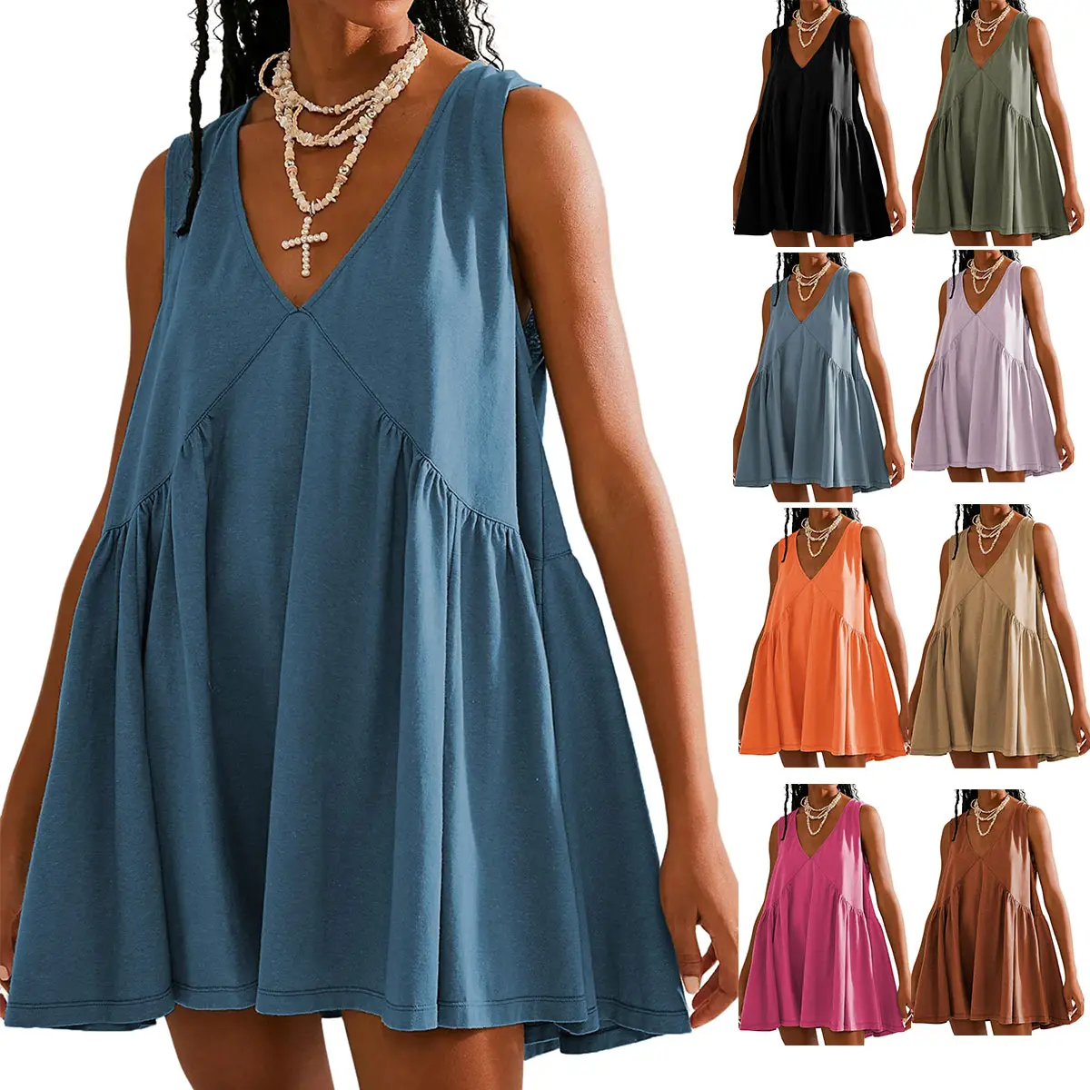 SCUSTY Womens Summer Sleeveless Mini Dress Casual Loose V Neck Sundress with Pockets