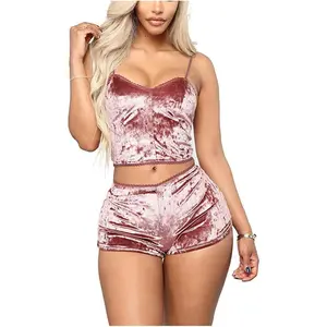 Women'S Velvet 2 Piece Outfit Spaghetti Strap Sleeveless Crop Top Camisole and Shorts Pajamas Set Sleepwear Nightwear