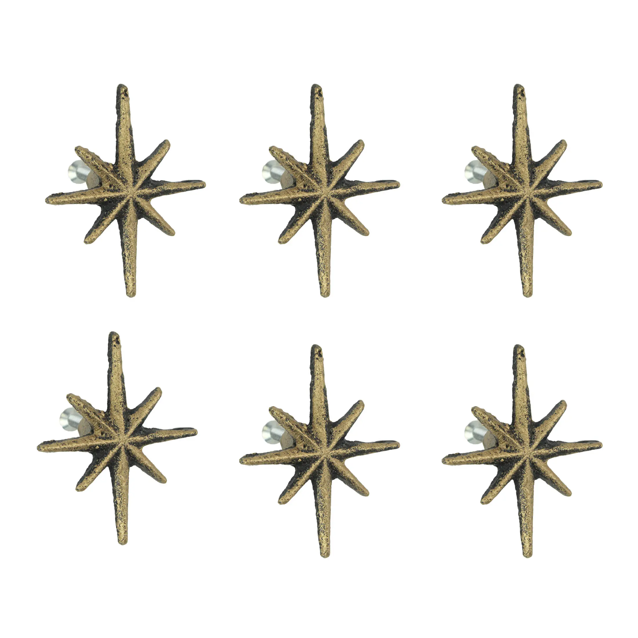 Set of 6 Antique Finish Mid Century Modern Starburst Cast Iron Drawer Pulls Cabinet Knobs