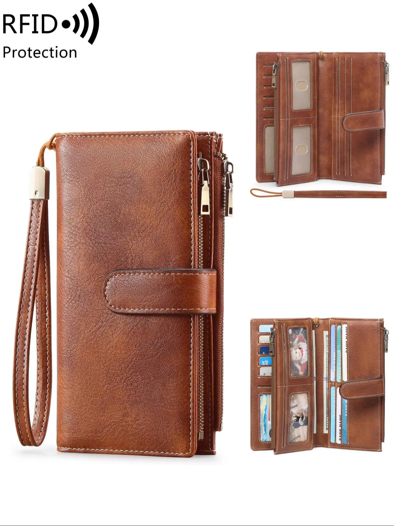 Women's Solid Color Long Wallet, Fashionable PU Leather Zipper Wallet with Wrist Strap, Multi-functional Card Holder for Daily Use, Wallet Purse