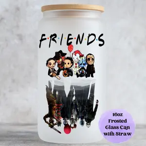 Friends Halloween Characters Glass Cup Bamboo Drinkware, Horror Movie Characters 16oz Glass Tumbler, Iced Coffee Mug