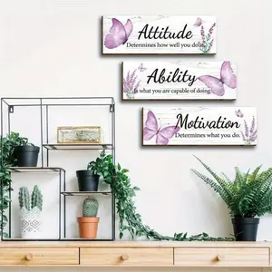 3-piece inspirational butterfly wall decoration logo (thickness 0.3cm), attitude, ability, wall decoration crafts, encouraging office wall art, suitable for families, teenagers, adults, and educational classroom decoration, Artistic, Wooden Wall Art