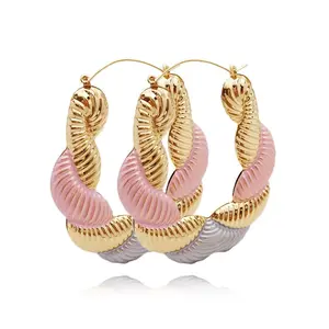 18k Layered Real Gold Filled oval tri colors bamboo hoop earrings #82