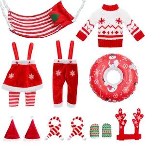 BEIREG Holiday Gift Christmas Elf Doll Clothes Accessories Kit with Suspender Skirt Hammock Sleeping Bag Bathrobe Apron Glasses Eye Mask Scarf Sweater Swim Ring for Kids Xmas Party Decor Clothes for Christmas Elves