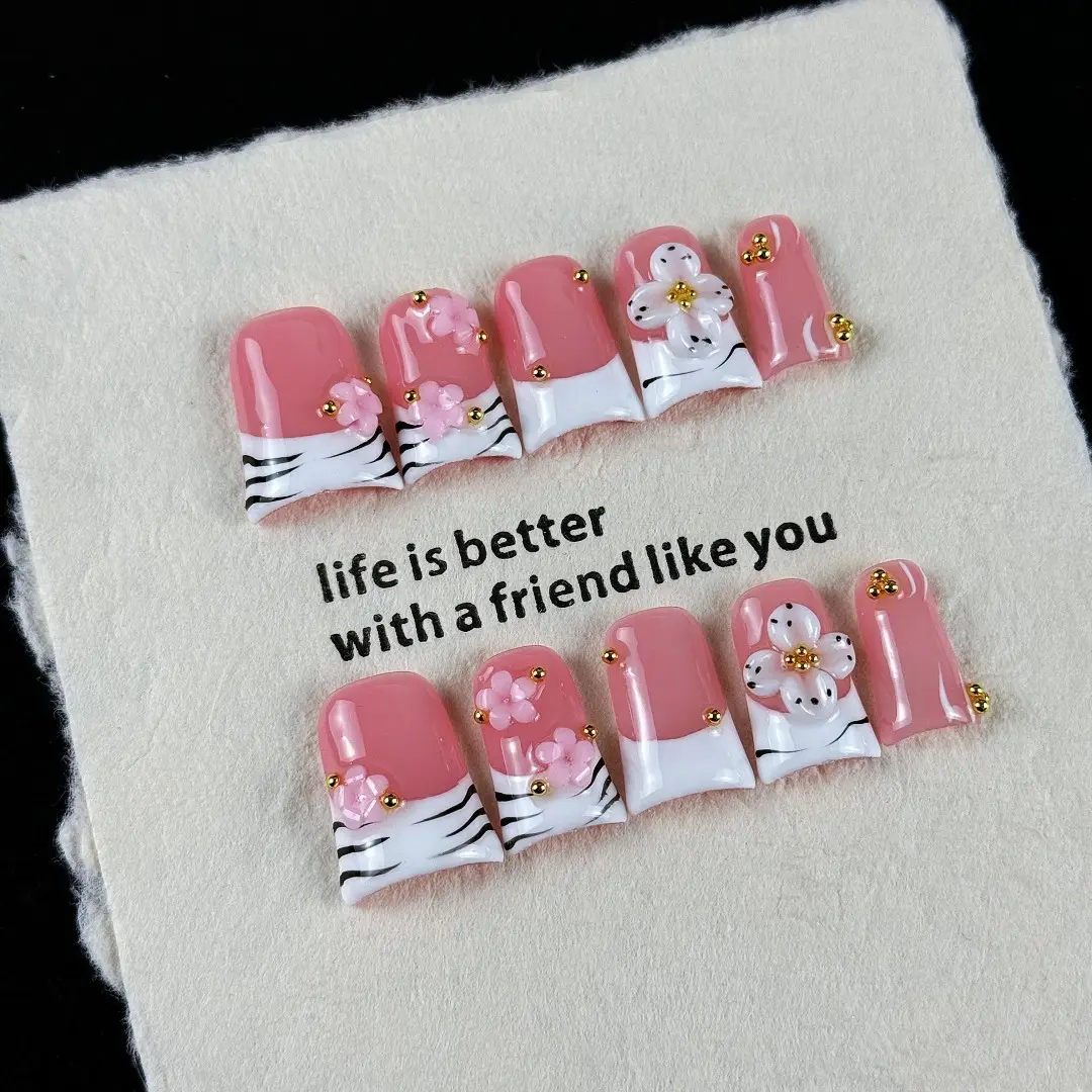 10pcs Gentle lady style, hand-painted zebra pattern, three-dimensional embossed design, tiny glittering gold beads handmade fake nails, Square fake nails, Suitable for spring outings, date nights, park camping picnics, Summer Nails