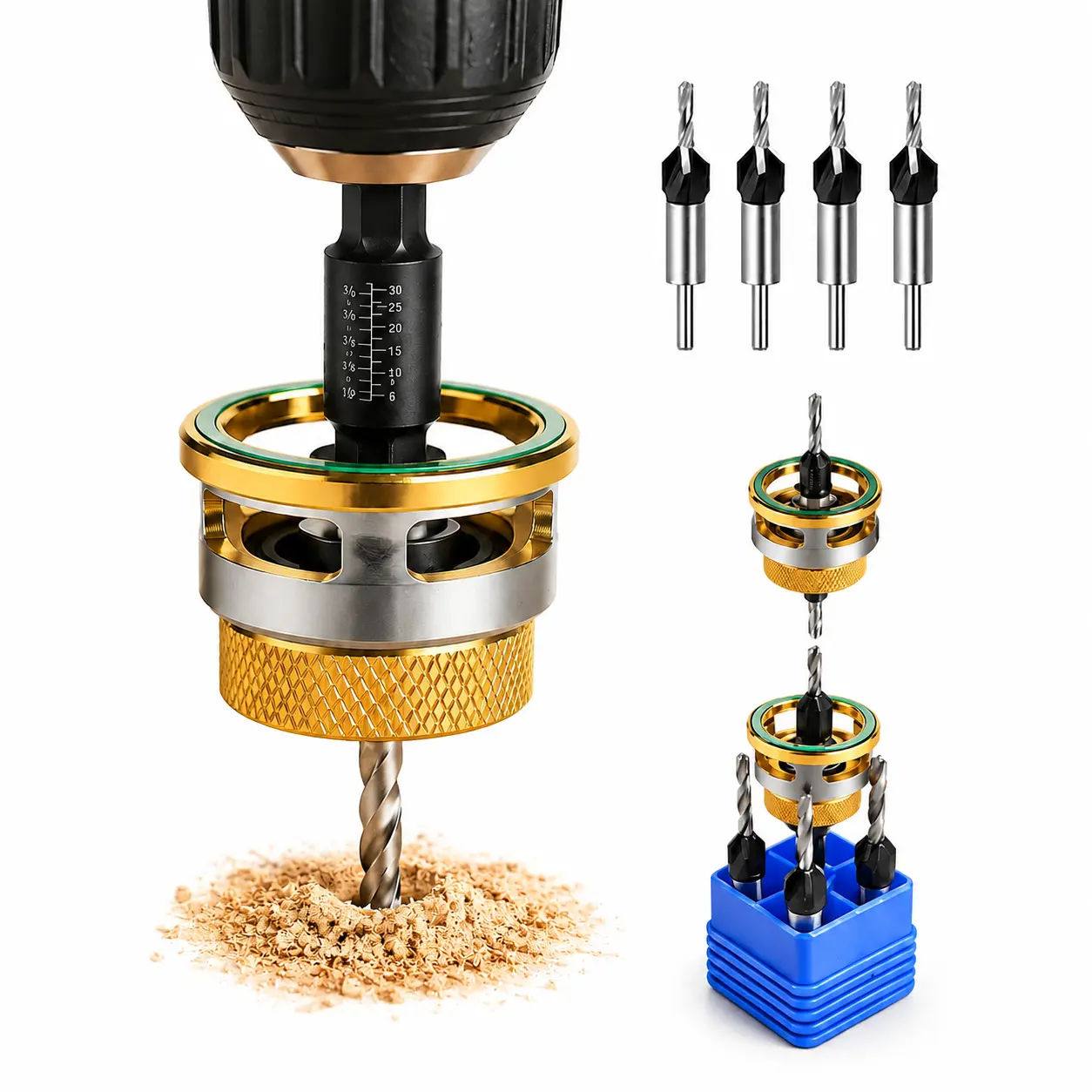 4 Flute M2 HSS Countersink Drill Bit Set with Wrench, Adjustable Drilling Depth Chamfer Tool for Wood, Plywood & MDF DIY Projects