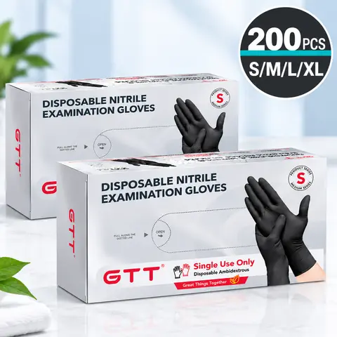 GTT Disposable Black Nitrile Exam Gloves, 200 Pcs (2 Boxes), 4Mil Thick, Textured Fingertips, Latex-Free, Powder-Free, Non-Sterile for Cleaning, Cooking, Food Prep