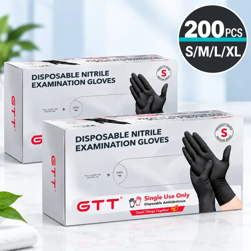 GTT Disposable Black Nitrile Exam Gloves, 200 Pcs (2 Boxes), 4Mil Thick, Textured Fingertips, Latex-Free, Powder-Free, Non-Sterile for Cleaning, Cooking, Food Prep