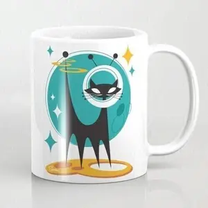 Atomic Space Cat Mid Century Modern Art Scooter White Mug For Husband Wife 11oz