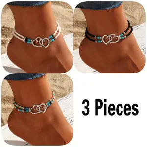 3 Pcs Shimmering Heartfelt Multicolor Beaded Anklet Set - Fashion Delicate Hollow Double Heart Design With Mini Seed Beads, Adjustable Elastic Boho Chic Anklets, Women Anklets, Surf Anklet, A Charm For Everyday Wear And Vacations