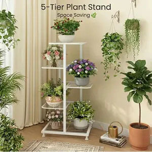 5-Tier Metal Plant Stand with 6 Pots Holder Modern Indoor Outdoor Plant Shelf Space Saving Multi-Layer Flower Pot Rack for Balcony Living Room Patio Garden Decor