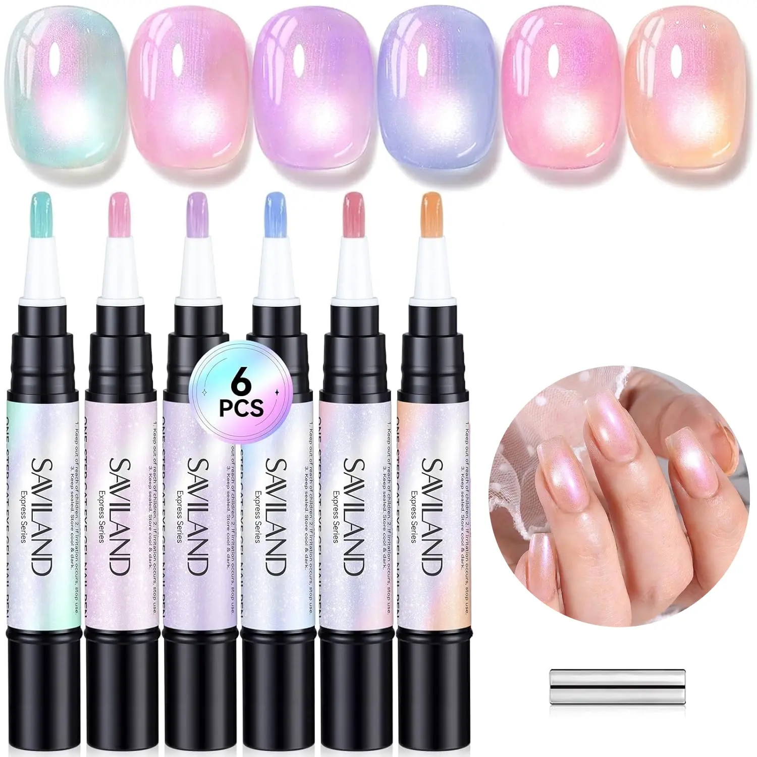 SAVILAND 6 Colors 3 in 1 Cat Eye Gel Nail Polish Pens Set Cosmetic Base Color Top Gel in One Pen with Magnet for Shimmer Aurora Cateye Nail Art Manicure Travel 4ml Gel Polishes