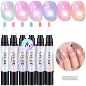SAVILAND 6 Colors 3 in 1 Cat Eye Gel Nail Polish Pens Set Base Color Top Gel in One Pen with Magnet for Shimmer Aurora Cateye Nail Art Travel 4ml