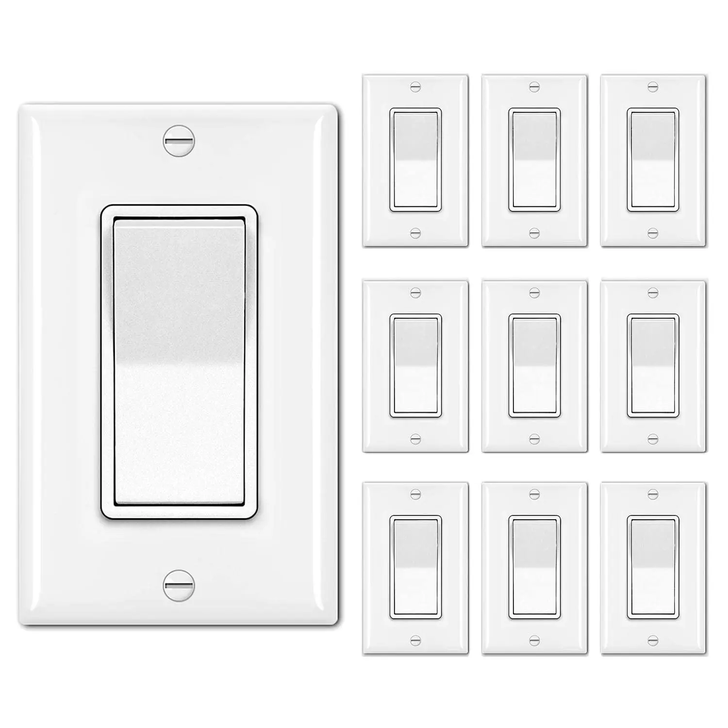 10 Pack Single Pole Decorator Light  with Wallplate, 15A 120/277V, Rocker Paddle Wall , On/Off Interrupter for LED and Other Lamps