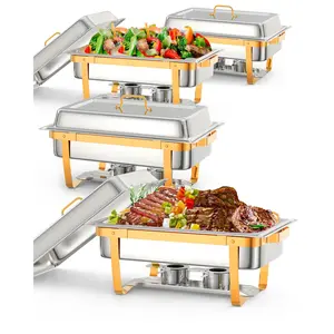 GARVEE 4-Pack 8 QT Gold Chafing Dish Buffet Set with Folding Frames, Includes Spoon & Tweezer, Ideal for Weddings, Parties, Banquets, Catering Events, and Buffet Warmers