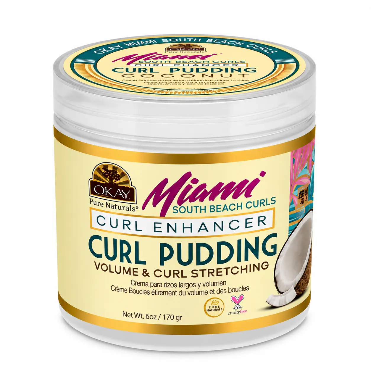 Okay Miami South Beach Curl Pudding, Hydrating Frizz Control Haircare with Aloe Vera & Coconut Oil, Paraben & Sulfate Free, 6 oz, Fragrance, Moisturizer, Gel