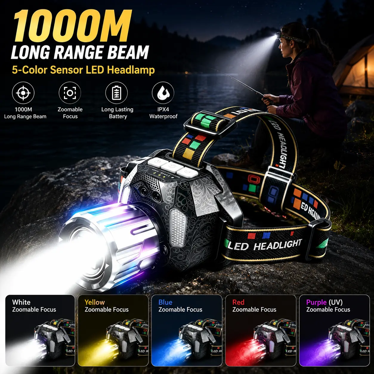 New Upgraded Multi-Function 5-Color LED Headlamp, 10Lighting Modes, Zoomable High-Lumen Long-Beam, 5-in-1High Bright White Yellow Blue Red UV Light, USBRechargeable Waterproof Headlight for Outdoor CampingFishing Warning Hiking
