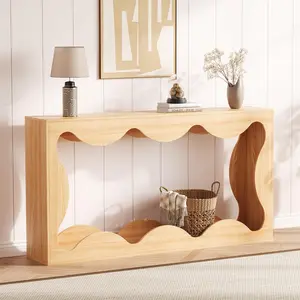 Garvee Console Table 63 Inch, Scalloped Edge Narrow Sofa Table with Storage Drawer for Behind Couch, Entryway, Hallway Furniture for Living Room & Apartment, Natural