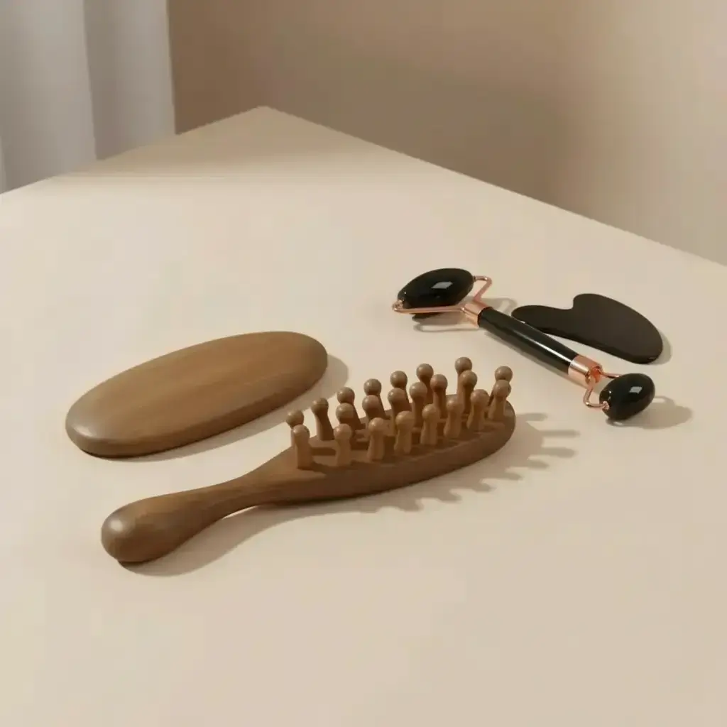 Wooden Massage Comb & Resin Facial Relief Roller Set, Brown Wide-Tooth Scalp Comb with 2pcs Black Dual-Head Gua Sha Massage Tools for Hair and Skincare