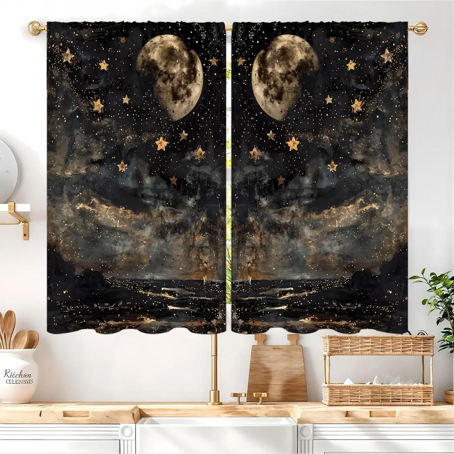 Vintage Goth Moon & Stars Light Filtering Curtains - 2 Panels (27.5x39 in), Geometric Short Cafe Tier Drapes for Kitchen, Bathroom Witchy Academia Celestial Window Treatment