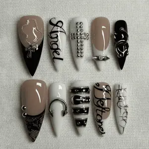 Grunge Gothic Press On Nails | Black Cross Stiletto Nails | Edgy Alt Girl Nails | Statement Goth Nail Set