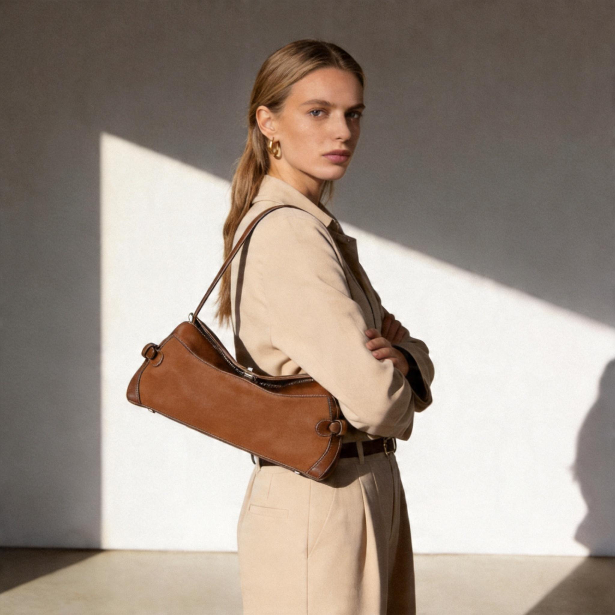 Trendy Brown Suede Purse Women's 90s Baguette Bag Maillard Aesthetic Shoulder Handbag East West Satchel for Date Work